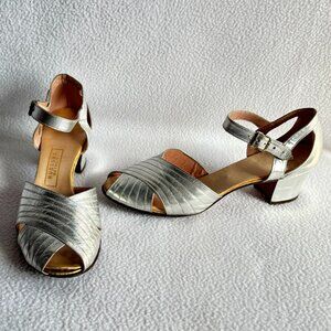 Vintage Silver Chunky Heel Peep Toe Heels Pumps
